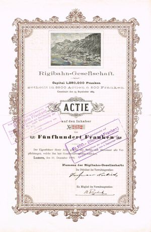 1889년 12월 31일 Rigibahn-Gesellschaft의 500 프랑 가치 주식