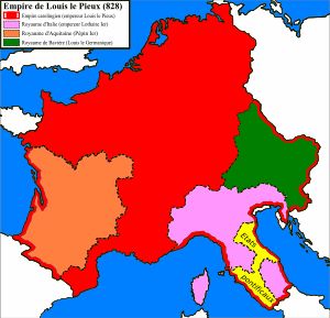 817년 제국 칙령 발표로 확정된 피핀 1세의 영토 아키텐, 가스코뉴, 셉티마니아(좌측 하단의 연주황색 영역)