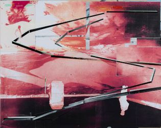 하이데 파스나흐트, Turbulence, 나무 패널에 장착된 조작된 사진에 아크릴 페인트, 48" x 60", 2019.