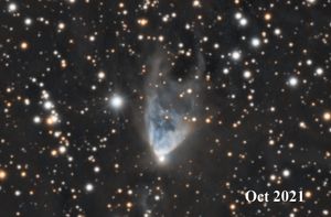 빅 아마추어 망원경에서 촬영한 6개월 간의 NGC 2261 타임랩스. 빛의 강도가 변하고 주변 성운을 비추면서 빛의 속도로 전파되는 '잔물결'을 볼 수 있다