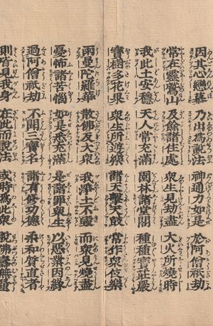 직독과 훈독을 병기한 "양점본"의 일례. 원 한문 경문의 오른쪽에 자음 직독용 히라가나를, 왼쪽에 한문 훈독용 훈점을 실시한다. 양점본은 한역 불전이나 『천자문』에서 가끔 보인다. 이 그림은 에도 시대의 『법화경』의 접는 책으로, 여래수량품 제16의 자아게의 일부.