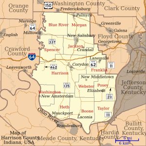 해리슨군 지도, 타운십, 정착지 및 주요 고속도로 표시