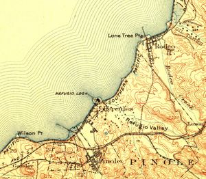 1916년 USGS 1:24,000 구역 지도의 발췌본. 허큘리스를 중심으로 남쪽에는 피놀, 북동쪽에는 로데오가 있다. 당시 도시는 레푸지오 랜딩 해안가의 공장 근처에 위치했다.