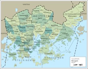 헬싱키의 행정 구역 구분: 대구(굵은 선), 기초구(가는 선), 동(점선)