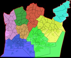 헬싱키의 대구 지도. 파란색: 남구 / 보라색: 서구 / 주황색: 중구 / 초록색: 북구 / 빨간색: 동북구 / 연두색: 동남구 / 노란색: 동구 / 하늘색: 외스테르순돔구