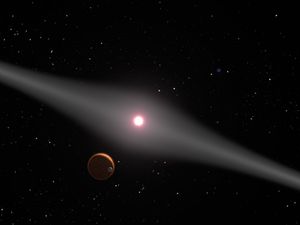 천체 예술가가 현미경자리 AU를 상상하여 그린 것.