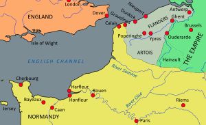 1383년 플랑드르 원정 당시 플랑드르와 북부 프랑스 지도. 십자군이 영향을 미친 주요 지역이 표시되어 있다.