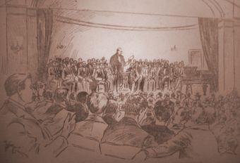 유진 V. 뎁스가 1897년 6월 15일 시카고에서 열린 미국 사회민주주의 창당 대회에서 연설하고 있다.