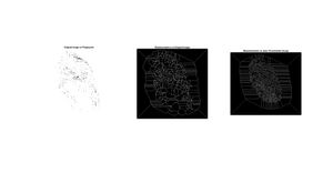 Matlab으로 처리된 지문의 골격 이미지. 왼쪽은 원본 이미지, 가운데는 전처리 없이 'bwmorph' 함수를 적용한 결과, 오른쪽은 자동 임계값 적용 후 'bwmorph' 함수를 적용한 결과이다.