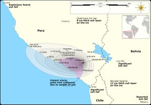화산재 낙하 지도. 후아이나푸티나산 서쪽으로 대부분 화산재가 떨어졌고, 더 넓은 지역의 많은 도시에서 관찰되었다.