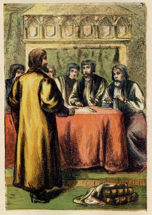 크론하임이 삽화를 그린 폭스의 순교자 열전 1887년판의 "공의회 앞의 레티머".