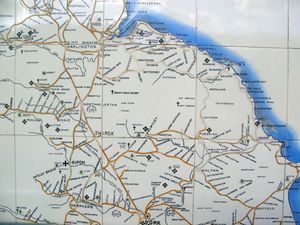 역 타일 지도, 역사적인 노스 이스턴 철도 노선이 노스요크셔를 가로지르는 모습을 보여줍니다.