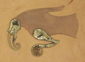 스웨덴 국립 고고학 박물관에 소장된 벤델 시대 벤델 I 방패(600년대 초)에 새겨진 까마귀 그림.