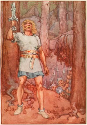 거인의 검은 그렌델의 어머니를 쓰러뜨린 후, 그렌델의 시체에서 목을 베었을 때 칼날이 녹았다.