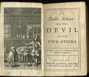 1708년 영어판 The Devil upon Two Sticks, 즉 Le Diable boiteux의 앞표지와 표제지