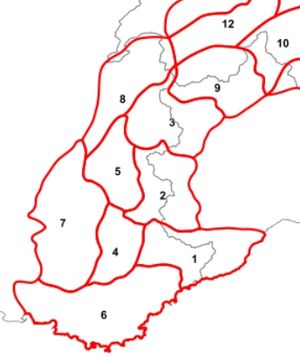 Partizione delle Alpi에 따른 서알프스산맥의 8개 구역 (1–8)