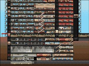 플레이어는 건물의 단면을 옆에서 보며 타워를 관리한다.