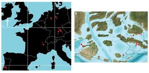 유럽 후기 쥐라기 육상 지역. '7'은 랑겐베르크 채석장을 나타낸다.
