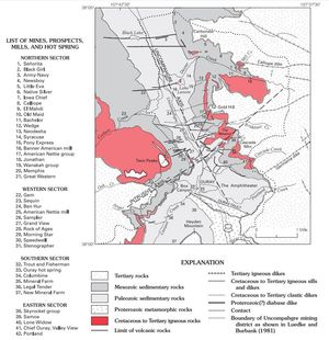 유레이 지질도 및 역사적인 광산 위치