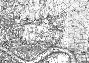 1741–5년 동부 런던 지도. 존 로크의 런던... 및 10마일 떨어진 시골의 정확한 조사에 묘사됨. 런던은 확장 중이나 동쪽에는 여전히 넓은 들판이 있다.