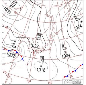 저기압과 이동성 고기압이 교대로 일본을 통과하는 봄의 기압 배치.(2019년 4월 9일, 기상청)