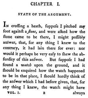《자연 신학》의 첫 페이지, 페일리의 시계 제작자 비유를 소개하고 있다.