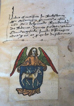 힐데브란트 브란덴부르크 오브 비버라흐의 장서표, 목판화, 검정 인쇄 잉크 및 손으로 채색한 종이 (독일, 1480년). 장서표는 야코부스 데 보라기네의 사순절 설교집(뷔르템베르크, 1408년)에 있다.