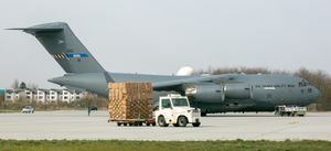 2020년 루마니아 오토페니에서 대한민국으로부터 의료 장비를 수송 중인 전략 항공수송 능력(SAC) C-17