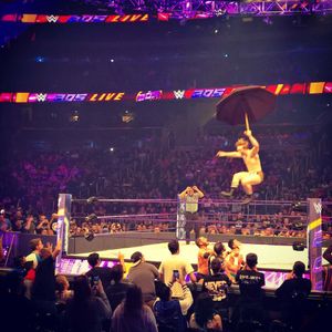 갤러거가 "윌리엄 3세"라고 부르는 우산을 들고 턴버클에서 뛰어내리고 있다.