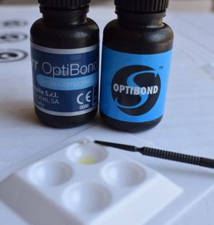 Kerr에서 제작한 올인원 자가 부식 접착제와 단일 성분 범용 접착제, 둘 다 직접 및 간접 치과 수복물 접착에 사용됨