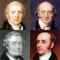 로빈슨이 내각에서 봉사한 총리들: 시계 방향으로 위쪽 왼쪽에서부터 리버풀 경, 조지 캐닝, 그레이 백작, 로버트 필