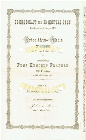 1874년 4월 11일 발행된 에멘탈반 철도 회사 설립자 주식