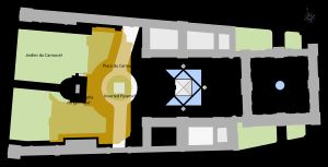 카루젤 뒤 루브르와 루브르궁의 구획도(황색으로 칠해진 곳이 카루젤 뒤 루브르이며 회색으로 칠해진 곳이 루브르궁이다.)