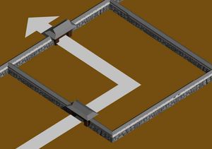 외마스가타의 마스가타 고구치(虎口). 화살표는 공격자의 진로를 나타낸다.