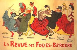 아드리앙 바레르(Adrien Barrère)가 그린 여러 유명 프랑스 뮤직홀 아티스트들을 패러디한 1903년 폴리 베르제르(Folies-Bergère) 리뷰 포스터.