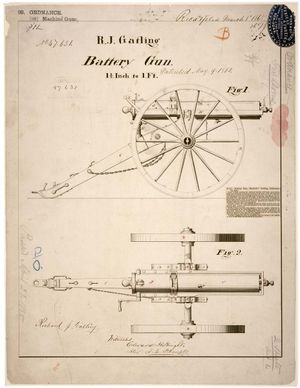 R. J. 개틀링의 "배터리 건" 특허 도면, 1865년 5월 9일