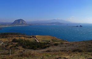 산 정상에서 바라본 풍경. 왼쪽에 산방산이 보인다 (2014년)