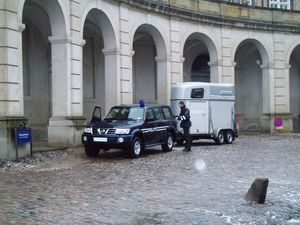 덴마크 경찰 기마대의 말 운반 트레일러(뒤쪽의 은색 차량). 센터 액슬 방식 풀 트레일러이다.
