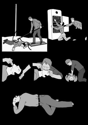 저전압일 경우, 절연 조치를 한 후 안전한 장소로 이동시킨다. 고전압일 경우, 긴급 전원 차단 스위치나 차단기를 조작한 후 구조한다. 심폐가 정지했다면, 심폐소생술을 실시한다.