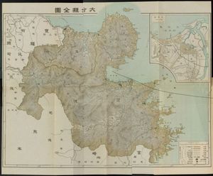 1931년 오이타현 지도. 우사군, 시모게군, 히가시쿠니토군, 니시쿠니토군, 히타군, 쿠주군, 하야미군, 오이타군, 나오이리군, 오오노군, 키타카이후군, 난카이후군이 있었고, 오이타역에서 호고모리역까지 철도가 개통되어 있었다.