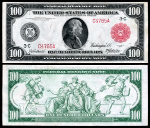 1914년 100달러 연방준비제도 지폐 최초의 100달러 연방준비제도 지폐는 앞면에 벤자민 프랭클린의 초상화, 뒷면에 노동, 풍요, 미국, 평화, 상업을 나타내는 풍유적 인물이 있는 것으로 발행되었다.