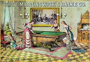 1880년대 초 광고 포스터에 나오는 정교하게 장식된 녹색 테이블에서 당구를 치는 여성들