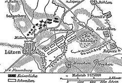 1632년 11월 16일 양군의 진형. 북쪽이 황제군, 남쪽이 프로테스탄트군.