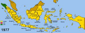 1971년부터 2019년까지 인도네시아 선거에서 각 주별 최다 득표율을 나타낸 지도로, 골카르(노란색)의 압도적인 승리를 보여준다.