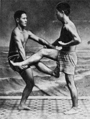 젊은 시절의 미야기 쵸준과 쿄다 시게하츠. 형 분해 또는 「무비지」에 있는 구텐풍화원 산다도겐수이(부자 가나시)의 포즈를 본떠 쿠미테를 한 것으로 보인다.