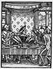 한스 홀바인 작품의 판화. 고위층 남성에게 죽음의 의인화인 해골이 찾아오고 있다.