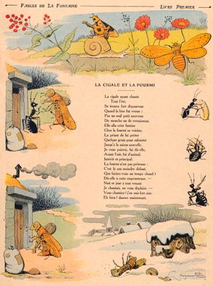 라 퐁텐의 『개미와 베짱이』 삽화 (1906년, 메뚜기로 묘사됨)