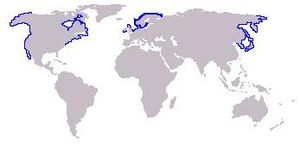 점박이물범의 분포 (일본에서는 홋카이도 동부에만 분포한다.)