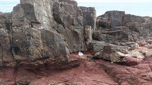 하부의 적색층과 상부의 암회색 역암층