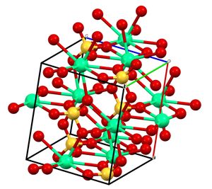 칼슘 설페이트 반수화물의 구조. Ca-O-S 결합의 조밀한 네트워크를 나타낸다. (색상 코드: 빨간색-O, 녹색-Ca, 주황색-S)